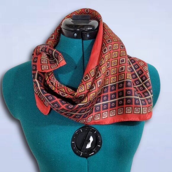 Vintage Square Scarf Red Navy Gold Geometric Print 26"x27" | Mod Retro - Picture 2 of 5
